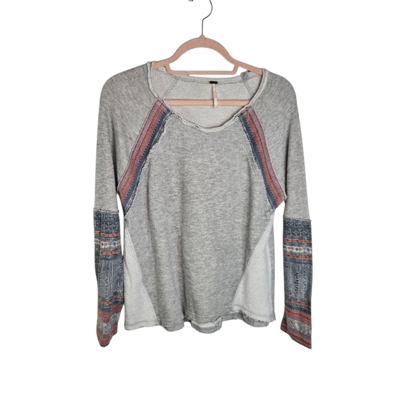 Free People Aztec Southwestern Mixed Fabric Sweatshirt Distressed - Picture 2 of 11